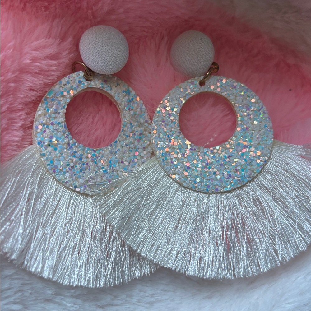 Never Worn Glittering White Tassel Earrings